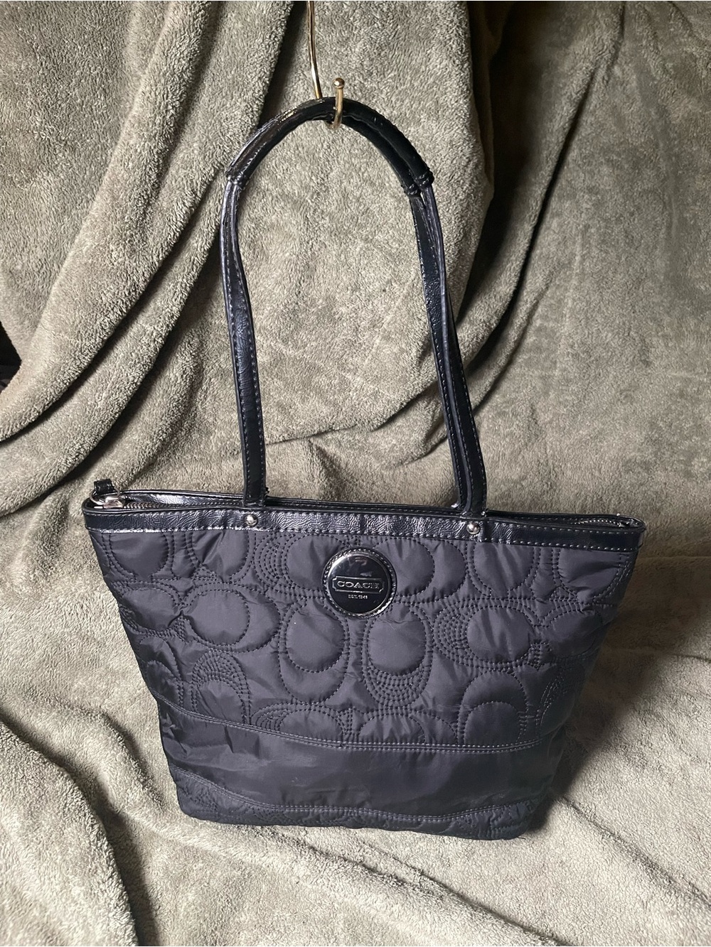 Authentic COACH Kyra Signature Quilted Nylon Tote Bag - Black/Baby Blue